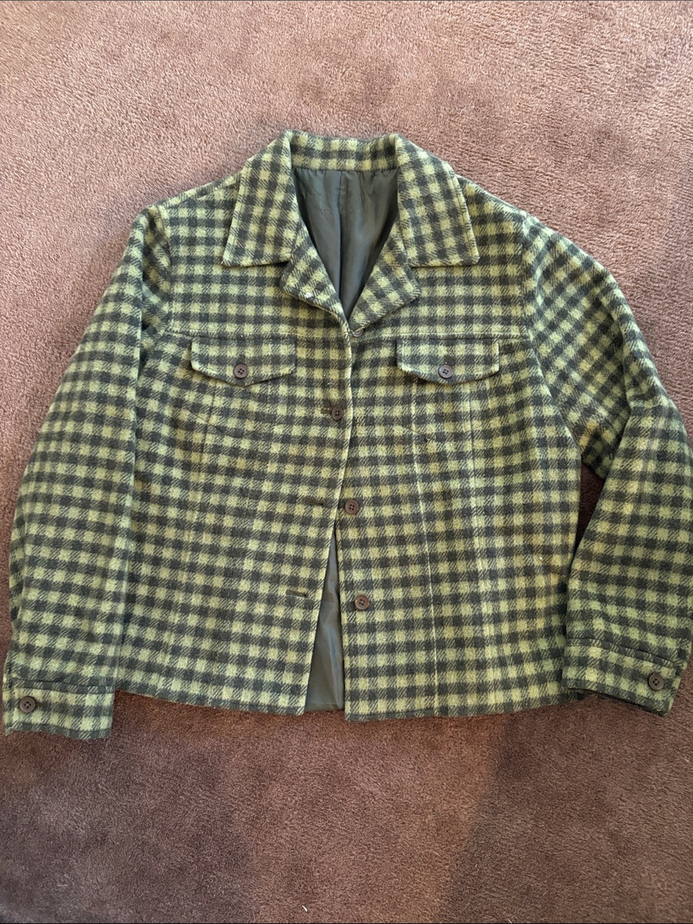 Green Plaid Wool Blend Button-Up Jacket